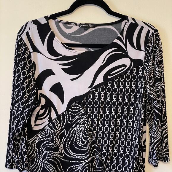 Y2K Vintage L blouse Jessica Max USA chain AOP abstract black white USA party - Picture 2 of 7